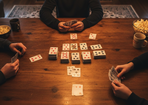 Sweep Card Game in Progress Top-down view of a Sweep card game with four players, cards in play, and captured piles on a wooden table