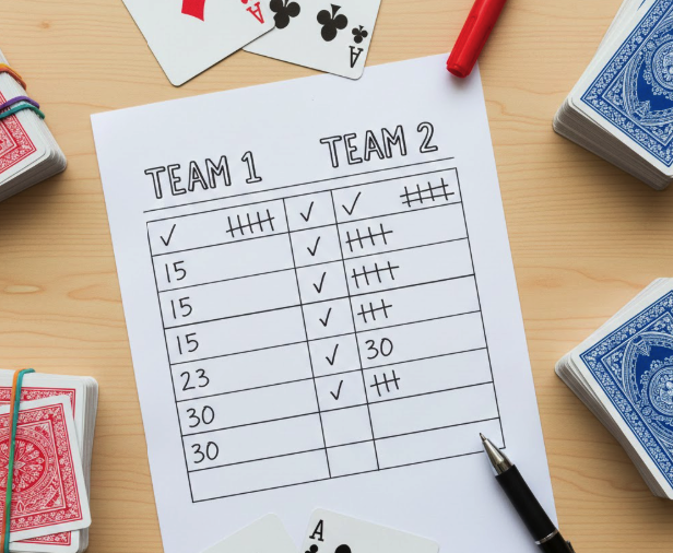 Sweep Card Game Scoring Table Scoring table for Sweep card game showing points for tricks and sweeps, with playing cards arranged around it.